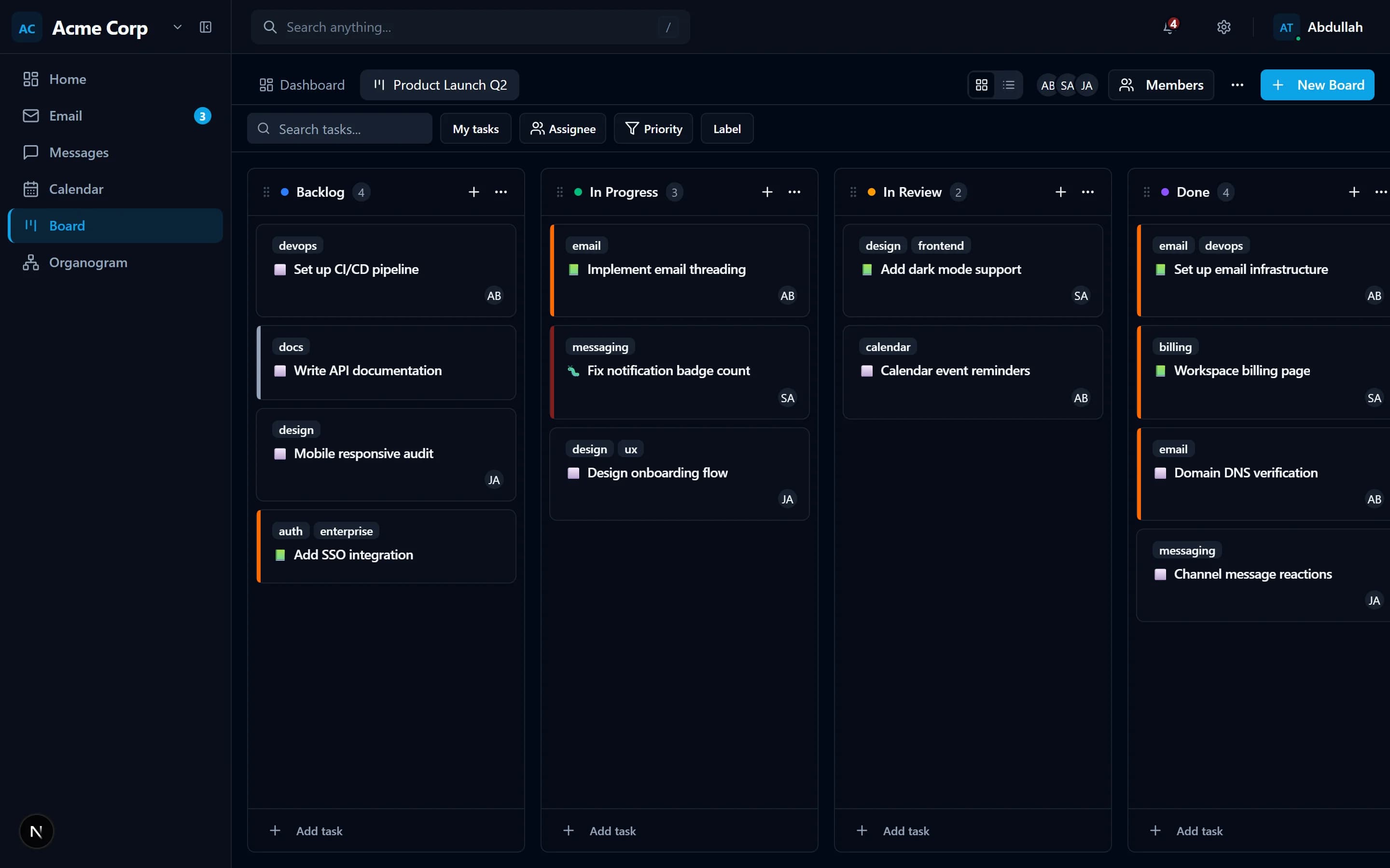 NoHeck kanban board — track tasks across Backlog, In Progress, In Review, and Done columns